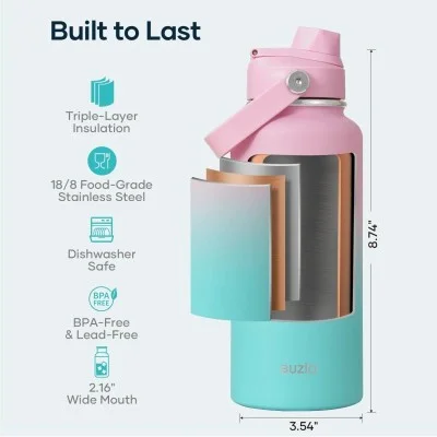 Buzio Duet Series Water Bottle with 2 Lids and Sleeve 1L - Pink Green